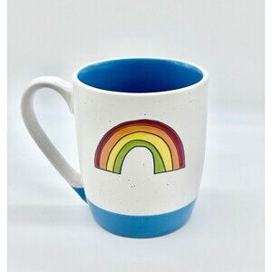 White Ceramic Coffee Mug Speckled Finish, Rainbow Blue Interior